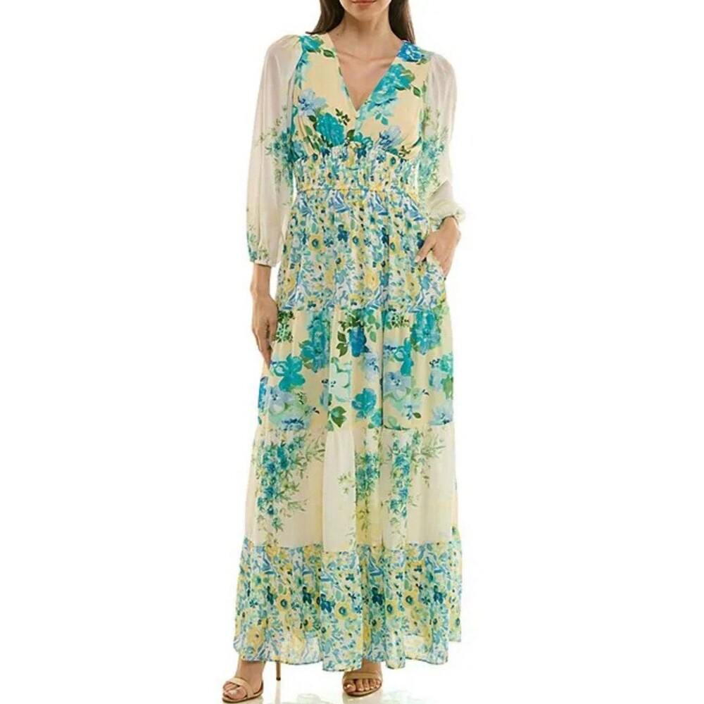 Maison Tara Floral Chiffon Maxi Dress Long Sleeve Smocked Wedding Guest Boho 12